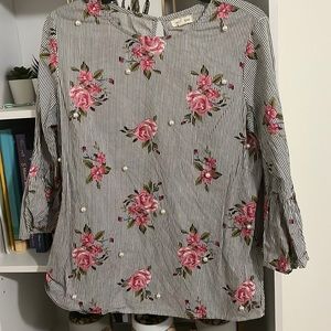 Long sleeve pearl & floral blouse